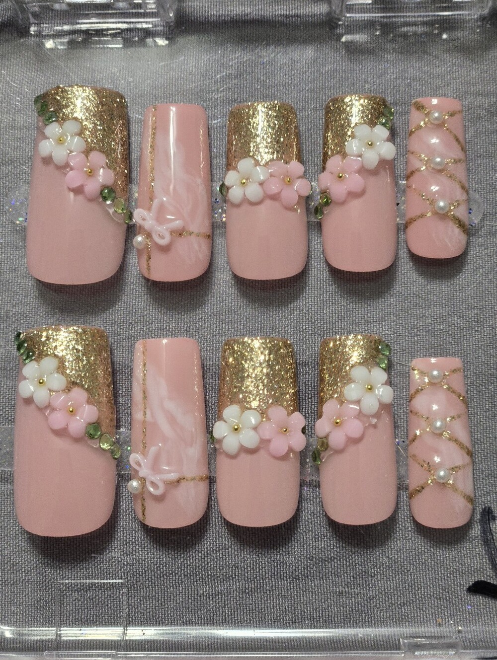 Blush Pink & Gold Floral Press-On Nail Set, Medium Length Square Shape